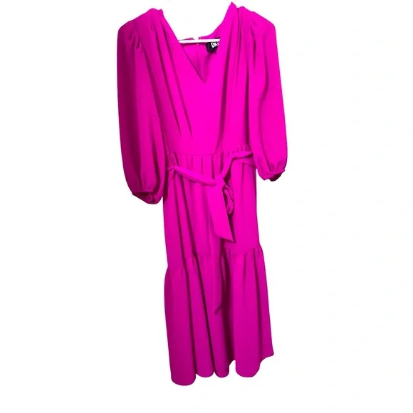 💙 DKNY Tiered Balloon Sleeve Dress Vibrant Pink Midi Dress - Picture 4 of 11